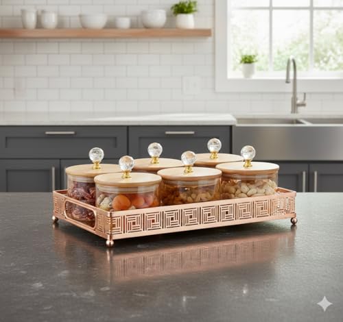 Image of Diwali Serving Dry Fruit Tray, 6 pcs Glass Container Serving Tray Set | 600 ML Each Premium Design Air-Tight Lid Copper Stand Organizer Bamboo jar Lid