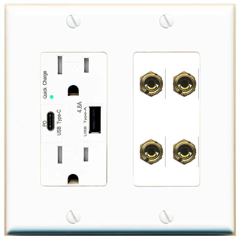 RiteAV 4 Banana 2 Speaker Surround Female Coupler Binding Post Wall Plate - USB A+C Charger Outlet [White]