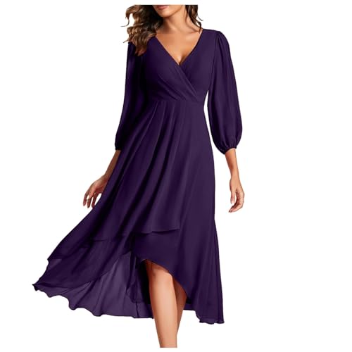 2025 Damen-Chiffon-Frühlingskleid mit V-Ausschnitt Langen Ärmeln, plissiert, A-Linie, Midi-Länge, für Hochzeitsgäste Hoodie Kleid Damen (Purple,...