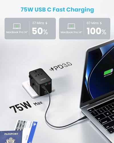 Image of Universal Travel Adapter, VINTAR 75W GaN International Power Adapter with 3 USB C PD and 2 USB A QC, All in One Travel Essentials for UK /EU /USA /AUS, Travel Adapter Worldwide for Laptops Phones, Black