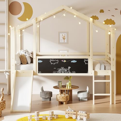 Merax Kinder Hochbett Holz 90x200 cm mit Rutsche & Leiter, Spielbett mit Stauraum, Geländer & stabilem Rahmen, Naturfarbe