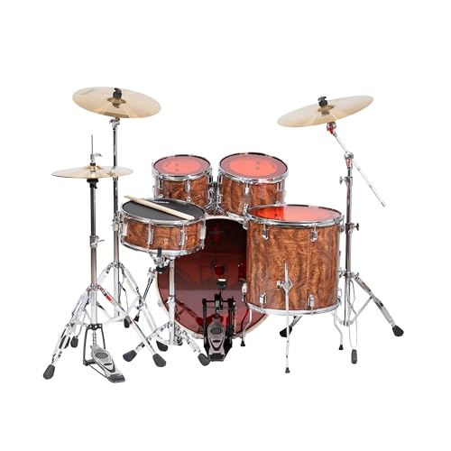 Image of TempoX Professional 5-Piece Acoustic Drum Set with 2 Cymbals & Hi-Hat (Brown) | Heavy-Duty Double Braced Stands | Complete Full Drum Set Kit for Practice & Performance