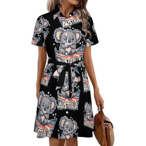 Robe chemise Australie à motif koala mi-longue d'été pour femme avec boutons