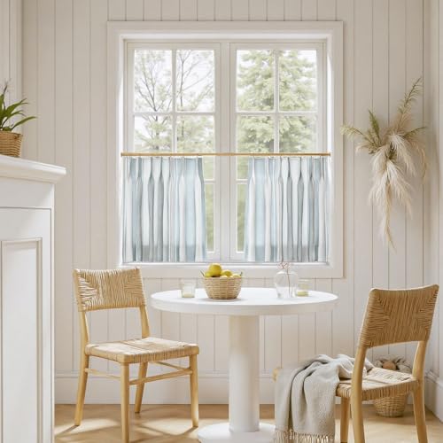 Image of TWOPAGES Pinch Pleat Cafe Curtains 18 Inch Long Wide Stripe Light Filtering Farmhouse Half Window Curtains for Bathroom (Blue Bordered Wide Bar, 26W x 18L Inches, Set of 2)