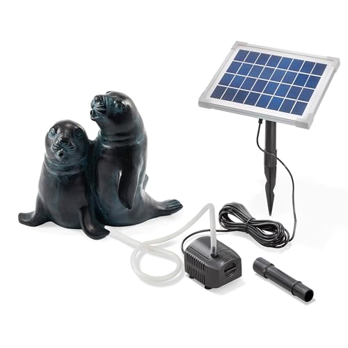 Esotec Solar Wasserspeier Set Seehund Paar, Solarpumpe, Teichfigur Gartenfigur Gartenstatue, Tauchpumpe, Gartenbrunnen, Springbrunnen außen Outdoor, Vogeltränke H=22cm 101656