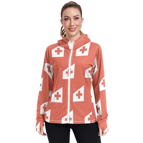 Tonga Flag Women's UPF 50+ Sun Protection Hoodie Jacket Lightweight Long Sleeve Sun Shirt with Pocket Multicoloured