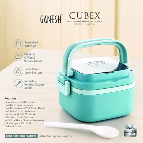 Image of Ganesh 1 Compartment Cubex Insulated Food Container with Attractive Spoon - Airtight Leak-Proof Lunch Box for Office, School, Picnic 380ml - Peach