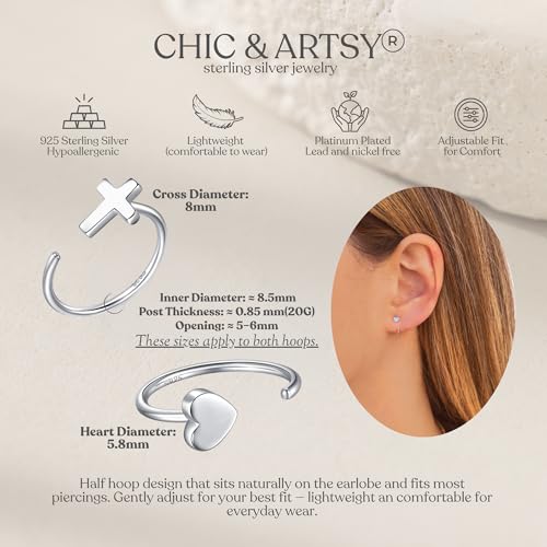 Image of CHIC & ARTSY 925 Sterling Silver Half Hoop Earrings for Women, Small Huggie Hoops Set with Ball Bar Star Moon Cross & Pearl, Lightweight Comfort Fit Everyday & Sleep Earrings