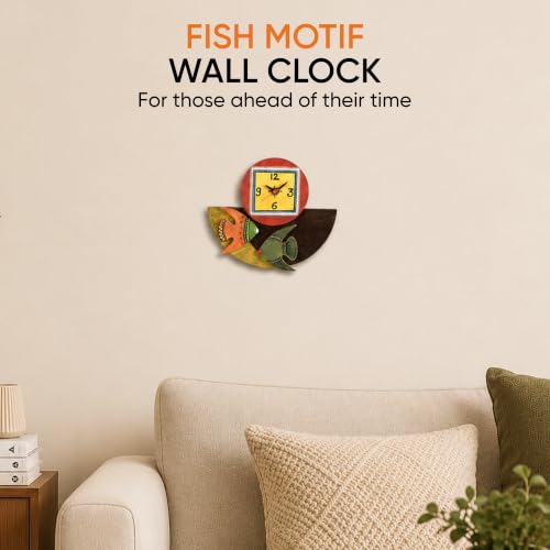 Image of AAKRITI ART CREATIONS Wall Clock Handcrafted Wooden with Fish Motif Multicolor | Clock for Home, Home Decoration | Abstract Art Wall Clock, Lightweight Wooden wall Decor | Matte Finish
