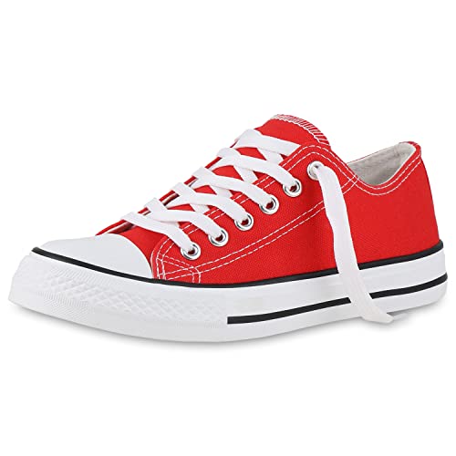 VAN HILL Damen Sneaker Low Bequeme Schnürschuhe Flache Freizeit Schuhe Schnürer Stoffschuhe 212553 Rot 36