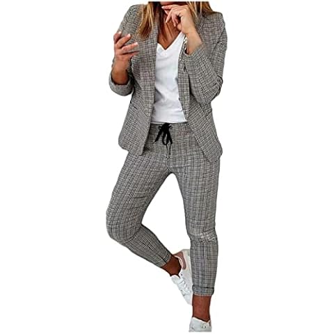 Tailleur 2 PièCes Femme Ensemble Blazer Et Pantalon OL Imprimé à Carreaux Slim Fit Formel Bureau Travail Office Costume Col Revers Veste Manteau Ensemble Cover