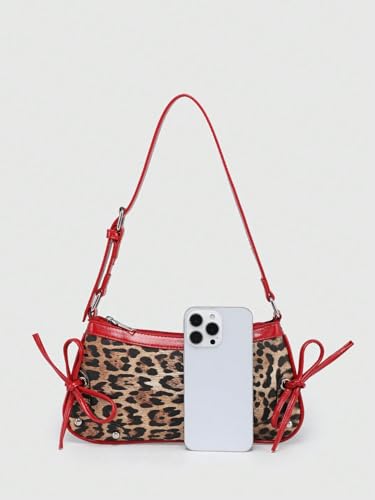 Image of QWINEE Women's Leopard Print Purse Y2k Cheetah Shoulder Bag Bow Studded Clutch Zipper Adjustable Strap Underarm Bag