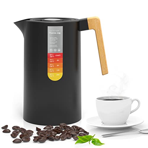 SANOTO Thermoskanne 1l | 304 Thermoskanne Edelstahl, Holzgriff Isolierkanne Kaffeekanne, Doppelwandig Isolierkanne Edelstahl, 12h Heiß/24h Kalt, Ideal als Kaffeekanne Oder Teekanne Thermo | Schwarz Cover