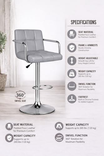 Image of NGFC Adjustable Bar Stool, Grey Leather Office Chair with Chrome Base, Quilted Cushion, Swivel Desk Chair with Armrests