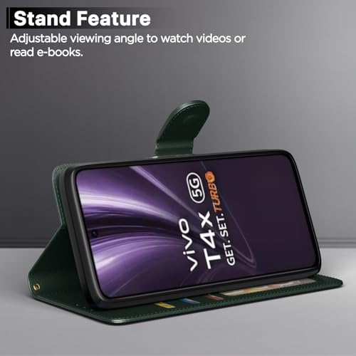 Image of Amazon Basics Flip Cover for Vivo T4x 5G / iQoo Z10x 5G Leather Finish | Wallet Stand and Shock Proof | Inside TPU with Card Pockets | Complete Protection Flip Case(Green)