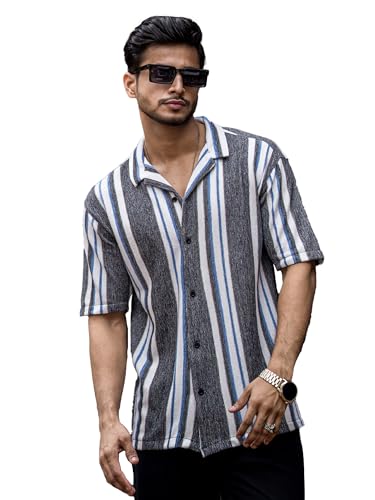 Image of Maniac Mens Striped Collar Neck Half Sleeve Jacquard Oversized Shirt