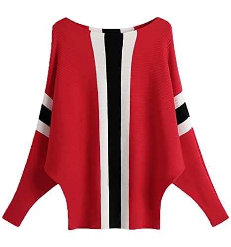 Image of EDSTAR Boat Neck Batwing Sleeves Dolman Knitted Sweaters Autumn /Winter Pullovers Tops for Women Stripe Red