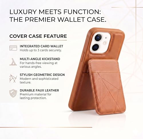 Image of amazon basics Premium Vegan Leather Back Cover with Card Holder and Integrated Mobile Stand for iPhone 12 - Slim Shockproof Wallet Case with Geometric Stitching [Tan]