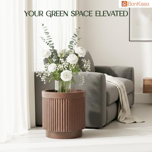 Image of Bonkaso 12 Inch Tokyo Plant Pot for Indoor & Outdoor Use | Lightweight Durable Polymer Flower Pot Gamla | UV & Weather Resistant Planter for Living Room, Balcony, Terrace & Garden (Antique Brown)