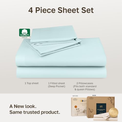 Image of Soft Natural 100% Cotton Sateen Queen Sheet Set Deep Pocket, 4 Pcs, Seafoam
