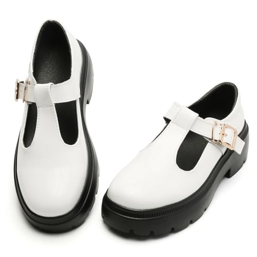 Ruiatoo Women Mary Jane Dress Shoes Platform Loafers Low Heel Chunky Pumps Round Toe Oxford Shoes White 36