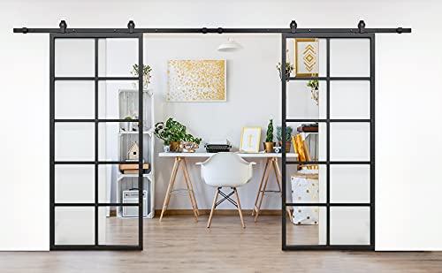 JUBEST Double Barn Door 72 x 84 in with 13FT Hardware Kit, 2 Sets of 36x84 in Clear Tempered Glass Aluminum Frame Barn Door,Pocket Interior Door, Easy Assemblyï¼ŒBlack Top-Mounted Hardware
