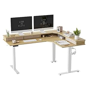 FEZIBO Three Motors Desk Height Adjustable Electric with 3 Top Drawers, L Shape Standing Desk, Interchangeable Left and Right, 160 x 120 cm Corner Desk, White Frame/Light Brown Table Top