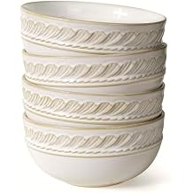 Artena Soup Bowls 32 OZ, Cereal Bowls Set of 4, White Embossment Ceramic Ramen Bowl for Salad, Dinner, Pho, Noodle, Pasta, Snacks, Dishwasher Microwave Safe, 6.3 Inch, Willow Leaf