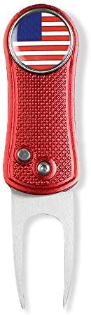 折りたたみ式ゴルフディボット修理ツール 星条旗磁気ボールマーカー (マルチカラー/ボーン形状)