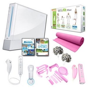 Nintendo Wii White "Holiday Pink Fit Bundle" with Yoga Mat, Pom Poms, and More