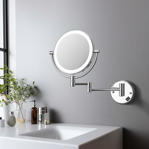 Image of Brass LED Mirror Dual Side Round Mirror for Bathroom 360 Swivel with Zoom View | Magnifying Shaving Makeup Vanity Mirror Wall Mounted (LED Chrome)