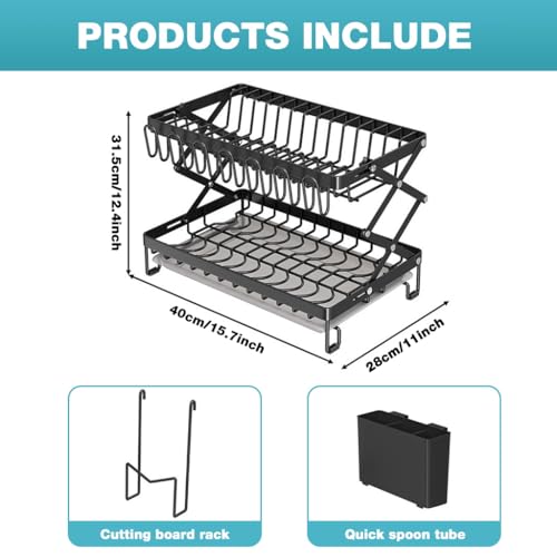 Image of HASTHIP Kitchen Dish Rack Double Layer Carbon Steel Drain Rack Cup Holder for Countertop - Multifunctional Kitchen Dish Drying Wire with Utensil Storage & Chopping Board Holder,Size 40x28x31