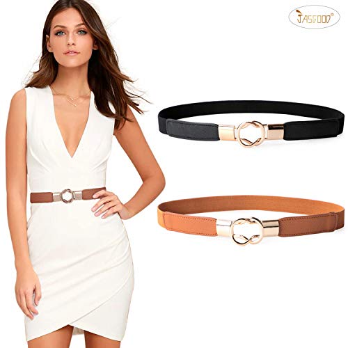 Jasgood 2 Pack Women Retro Elastic Stretchy Metal Buckle Skinny Waist Belt 1 Inch Wide #TOP1