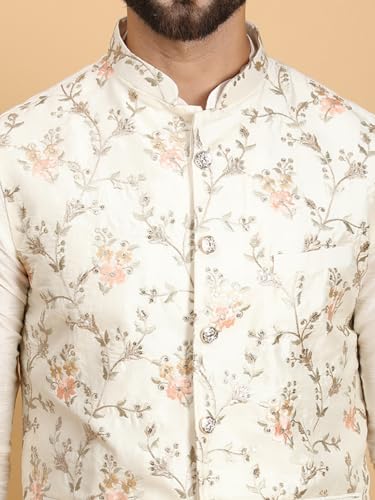 Image of Ethluxis Men Silk Blend Kurta Jacket Set with Mandarin Collar