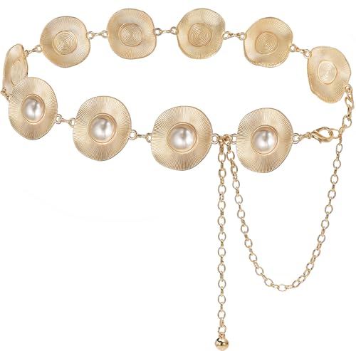 Liutufy Womens Pearl Waist Chain Metal Chunky Chain Belt for Dresses and Jeans (Pearl Gold-XL)