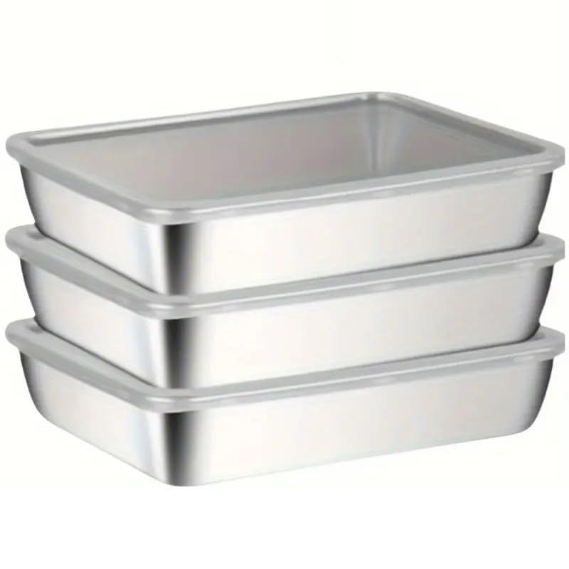 Stainless Steel Square Plate with Lid Japanese Style Food Grade Stainless Steel Baking Tray Multi-Purpose Cake, Brownie, Food Serving & Storage Plate ((Set of 3))-picture-10
