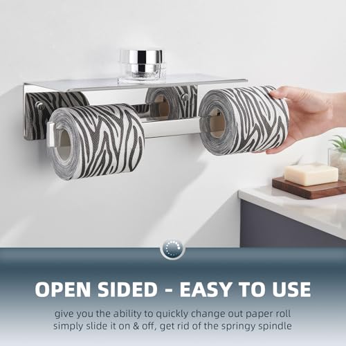 Image of Angle Simple Double Toilet Paper Holder with Shelf, Polished Chrome
