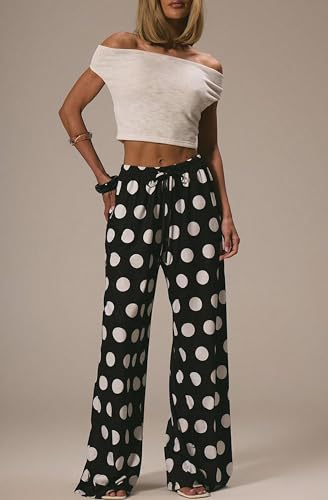 Women Polka Dot Drawstring Wide Leg Pants Polka Dots Casual Loose Lounge Trousers with Pockets4