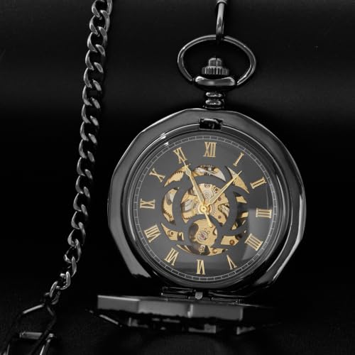 Image of Men's Mechanical Hollow Design Hand Wind Pocket Watch Roman Numerals Steampunk with Chain Box