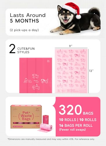 Image of Dog Poop Bags, 320 Count, Baby Powder Scented, Pink | Baby Powder Scented, Extra Thick, 60% Recycled Plastic, Easy-Peel Sticker, 16 Bags Per Roll, Dual Pink Designs