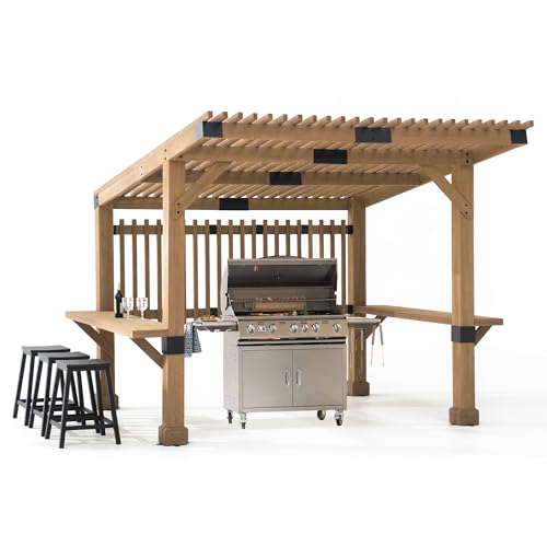 Sunjoy Wooden Grill Gazebo 10 ft. x 11 ft. Outdoor Cedar Frame BBQ Gazebo Backyard Hot Tub Gazebo Pergola with Privacy Screen and Large Bar Shelves by SummerCove