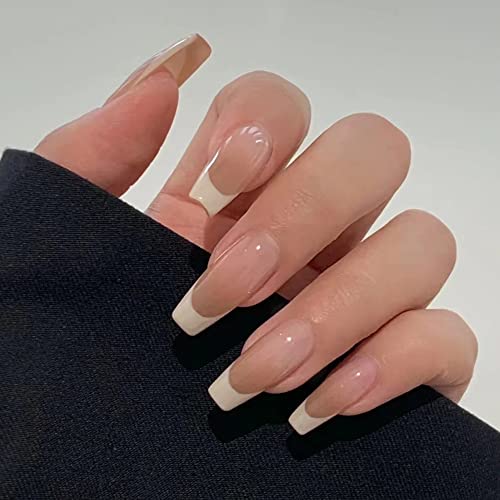 MouYou 24 Stück Press on Nails lang, Ballerina Fake Nails Full Cover Kunstnägel mit Nagelkleber, French Nude Weiß Rand Acryl Künstliche Fingernägel für Frauen & Mädchen Cover