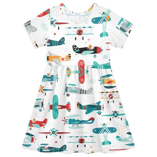 Aflyko Girls Short Sleeve Dress Cartoon Jet Plane Airplane Toddler Everyday Dresses