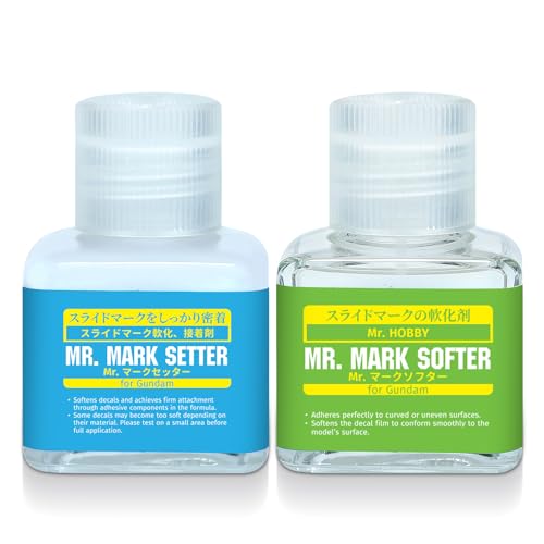 Mr. Mark Setter & Softer Bundle for Gundam Models Decal Adhesive & Softening Solution Set Strong Adhesion & Curve Conform Fit 2 Bottles - 40ml + 40ml