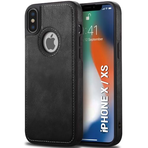Image of TheGiftKart Genuine Leather Finish Back Cover Case for iPhone X /XS | Shockproof Design | Raised Edges for Camera & Screen Protection | Stunning Minimalist Design Back Case Cover (Black Sides, Black)