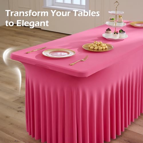 Image of NSSONBEN 2 pk Hot Pink Spandex Tablecloth for 6 Foot Rectangle Tables, Wrinkle Free Fitted Spandex Table Covers 6ft Stretch Table Cloths with Ruffle Skirt for Parties Weddings Banquet Baby Shower