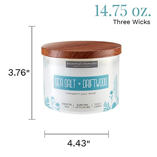 Essential Elements By Candle-Lite Scented Candles, Sea Salt & Driftwood Fragrance, One 14.75 Oz. Three-Wick Aromatherapy Candle With 45 Hours Of Burn Time, Off-White Color #TOP3