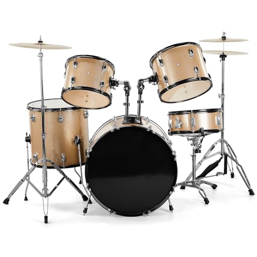 Ktaxon 22 Inch Adult Drum Set, 5-Piece Full-Size Drums Kit with Cymbal Stands, Hi-hat Stand, Sticks, Drum Pedal, Stool & Floor Tom for Beginner Teens Student (Champagne)