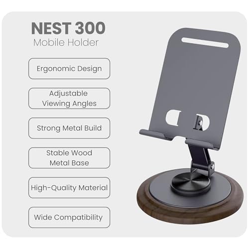 Image of OOGE Nest 300 Foldable Mobile Stand - 360 Rotating Phone Holder for Table - Height Adjustable Phone Stand for Desk with 0-135 Tilt - Anti-Skid Mobile Stand for Office & Home (Black)