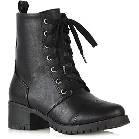 ESSEX GLAM Womens Low Heel Platform Ankle Boots Ladies Cleated Sole Combat Lace Up Shoes Size 3-8 Black Synthetic Leather Cover
